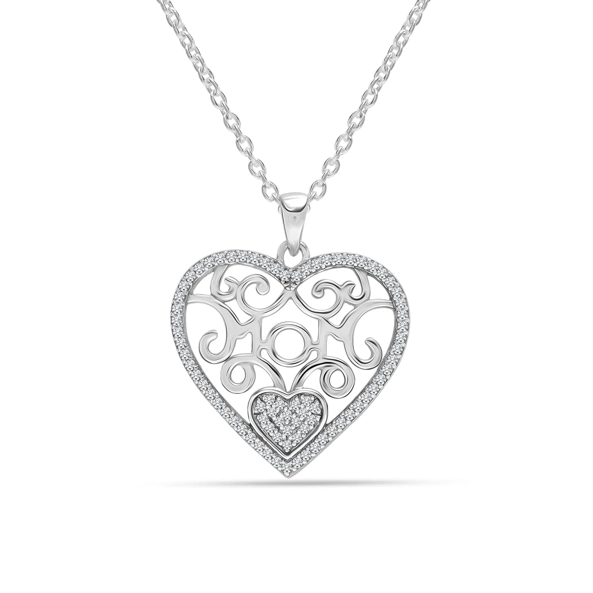 LeCalla 925 Sterling Silver Light-Weight CZ Filigree Heart Pendant Necklace Jewelry Gifts for Women 18" Inch
