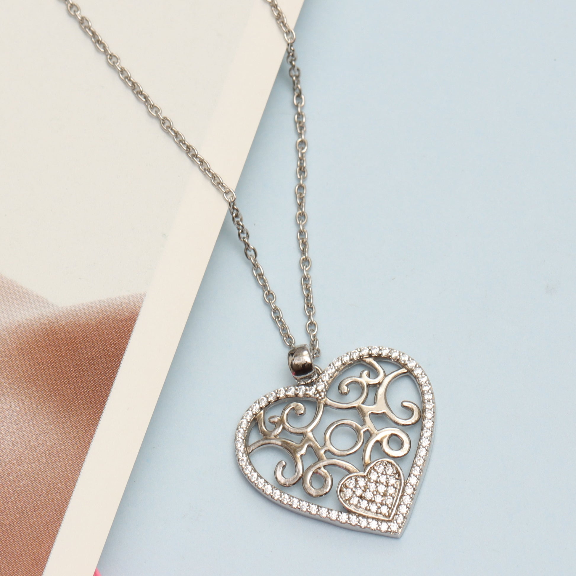 LeCalla 925 Sterling Silver Light-Weight CZ Filigree Heart Pendant Necklace Jewelry Gifts for Women 18" Inch